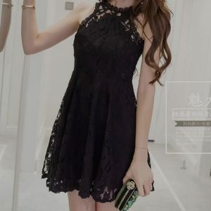 Black lace A-line halter dress